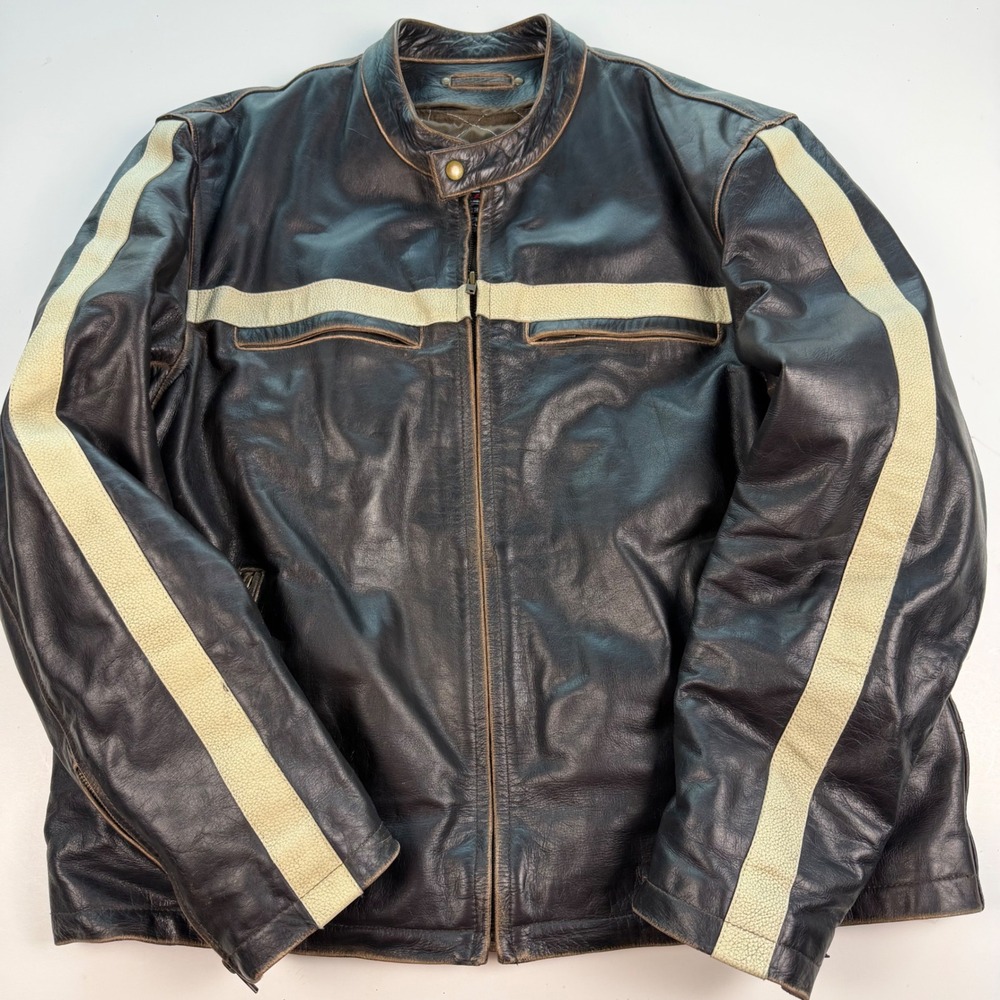River Road Mens Brown Leather Motorcycle Jacket Racing Stripes Biker Size 50